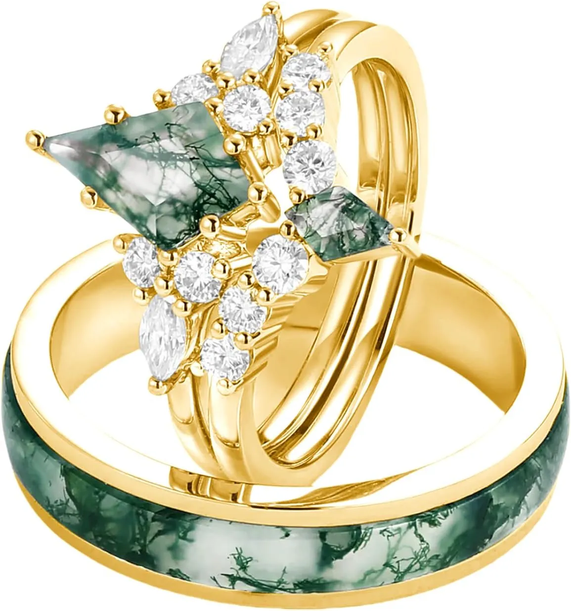 Moss Agate Couple Ring Set S925 10K 14K 18K Gold Natural Moss Agate and Moissanite Engagement Wedding Rings for Him and Her Unique Customized Matching for Couples 3Pcs
