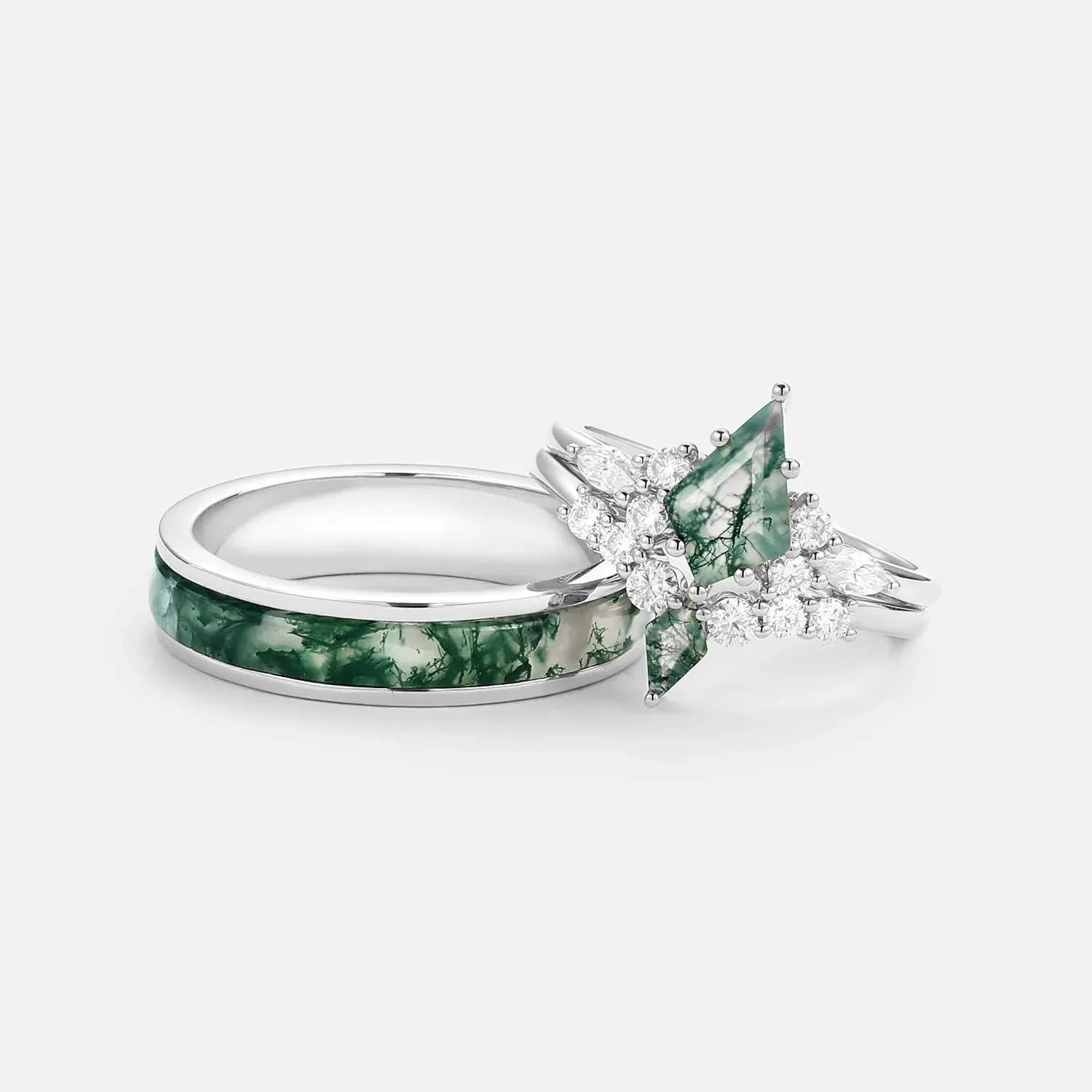 Moss Agate Couple Ring Set S925 10K 14K 18K Gold Natural Moss Agate and Moissanite Engagement Wedding Rings for Him and Her Unique Customized Matching for Couples 3Pcs