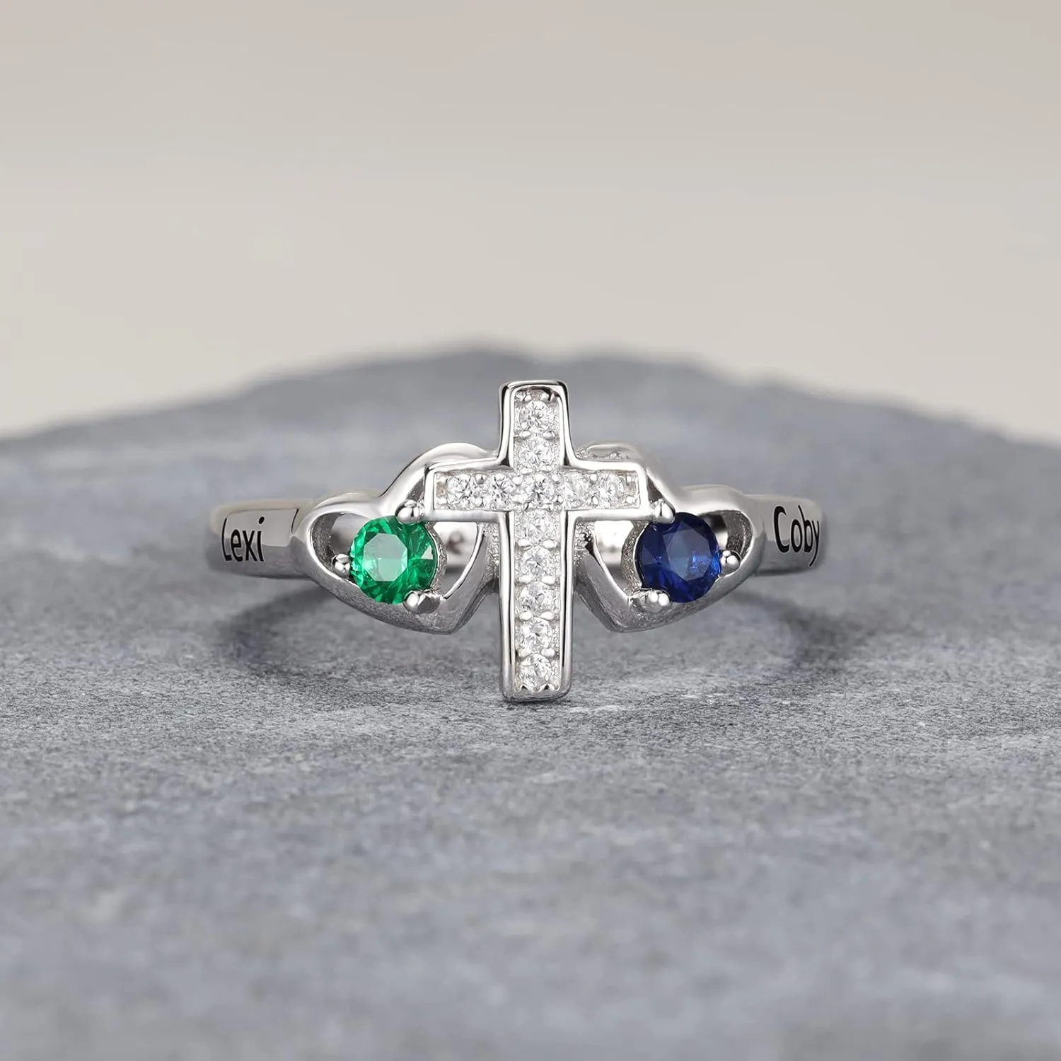 Mother's Cross Rings with 2 Birthstones Personalized Family Name Rings for Mom Custom Engraved Name Birthstone Cross Rings for Mom Grandma Gifts