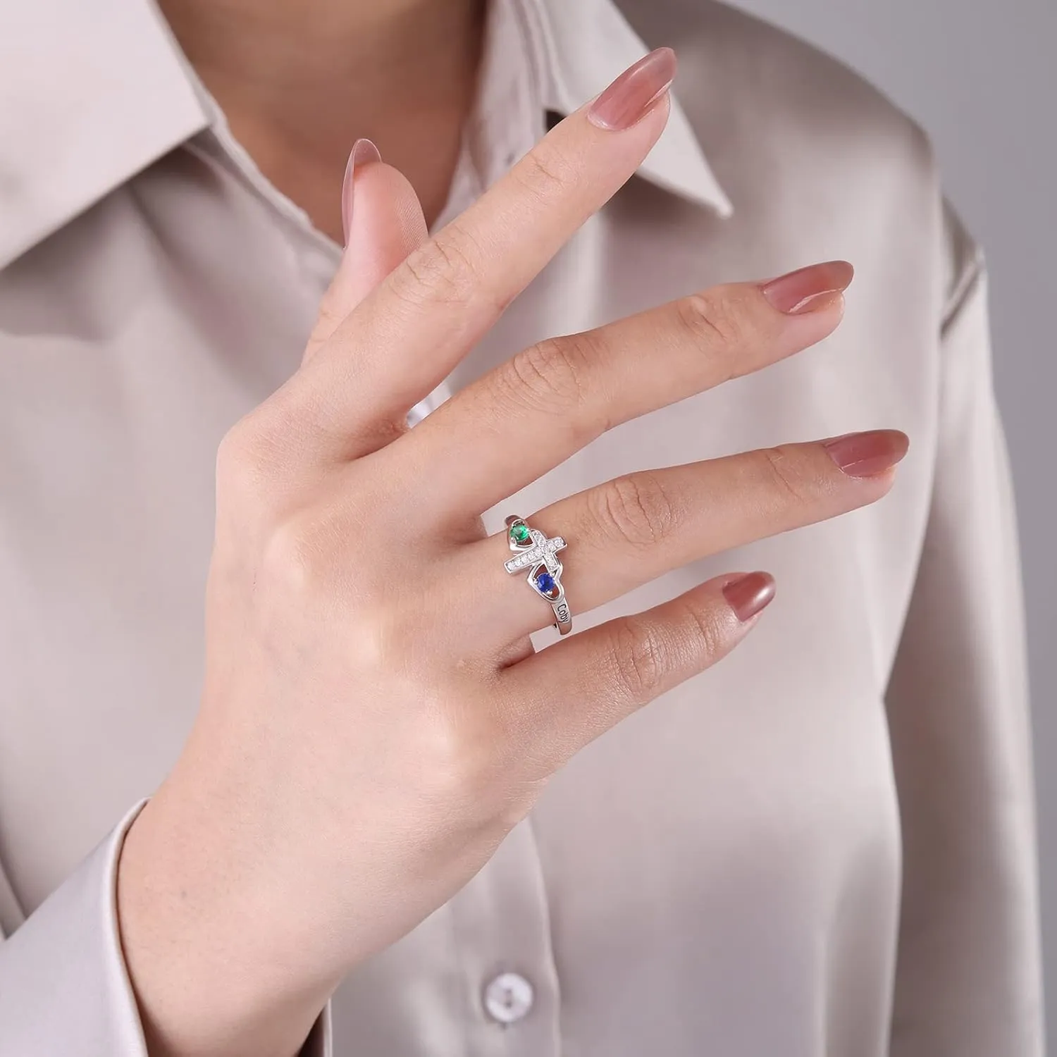 Mother's Cross Rings with 2 Birthstones Personalized Family Name Rings for Mom Custom Engraved Name Birthstone Cross Rings for Mom Grandma Gifts