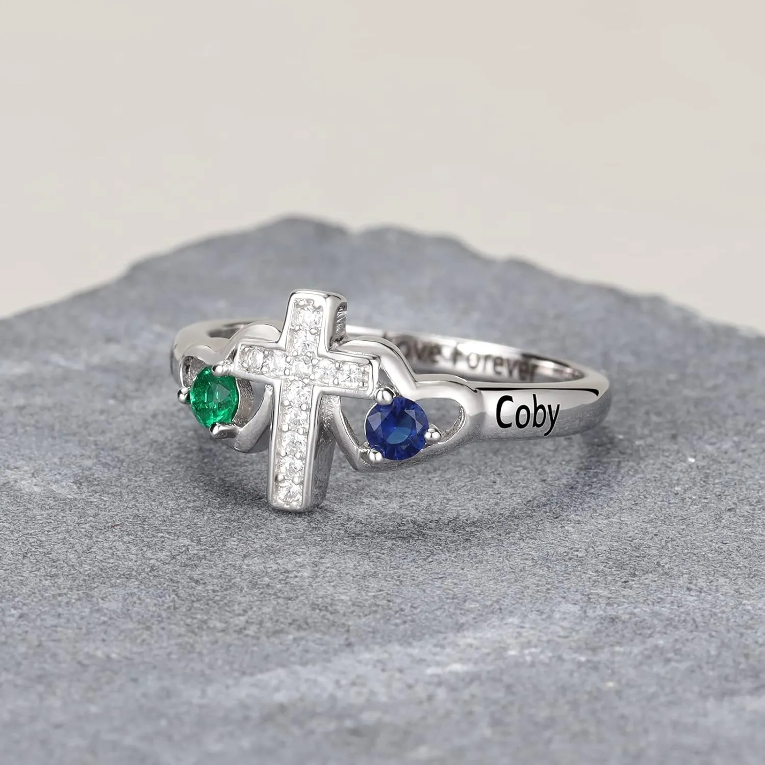 Mother's Cross Rings with 2 Birthstones Personalized Family Name Rings for Mom Custom Engraved Name Birthstone Cross Rings for Mom Grandma Gifts