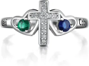 Mother's Cross Rings with 2 Birthstones Personalized Family Name Rings for Mom Custom Engraved Name Birthstone Cross Rings for Mom Grandma Gifts