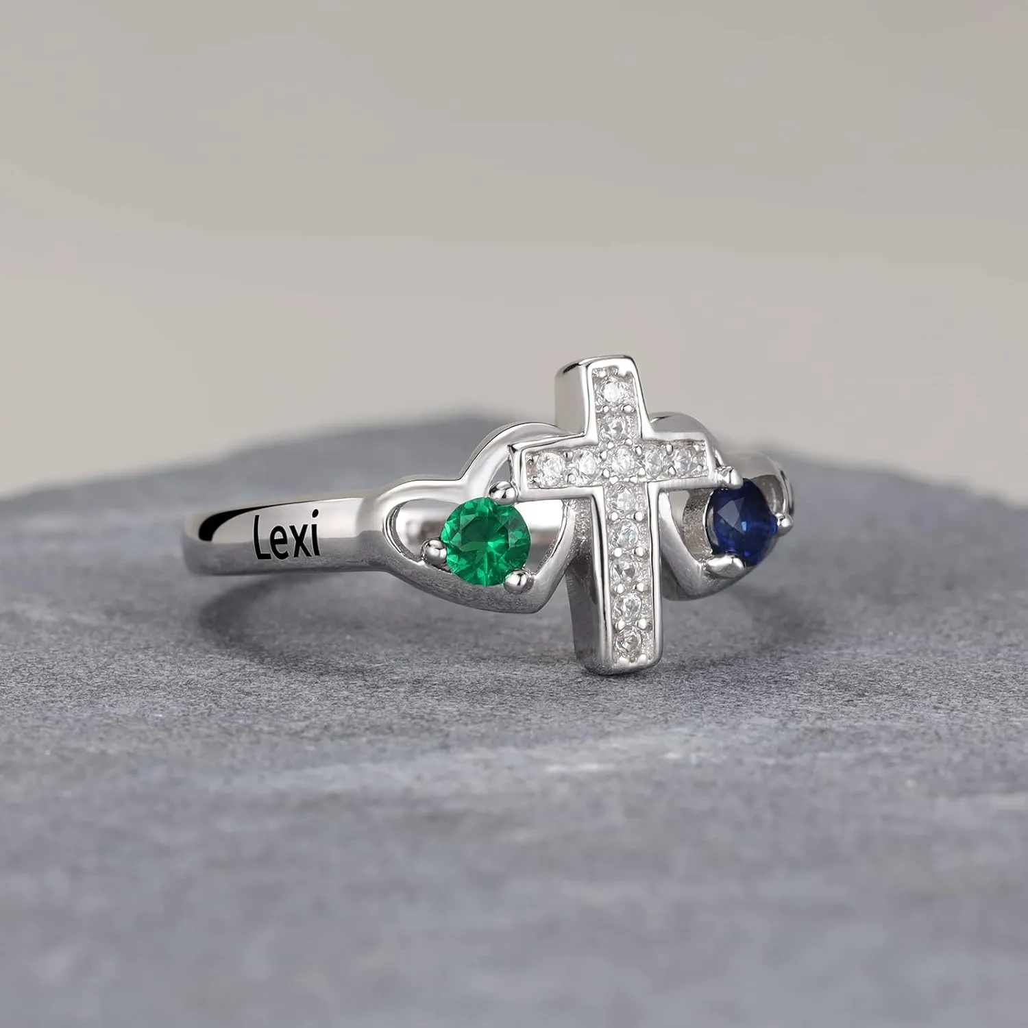 Mother's Cross Rings with 2 Birthstones Personalized Family Name Rings for Mom Custom Engraved Name Birthstone Cross Rings for Mom Grandma Gifts