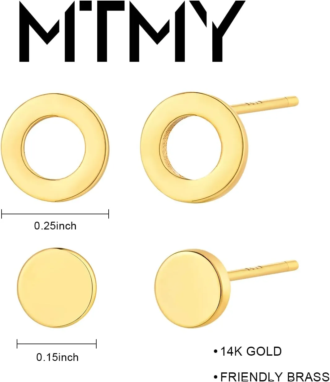 MTMY Gold Stud Earring for Women 2 Pairs of 14K Gold Plated Hypoallergenic Simple Small Stud Earring Set Tiny Bar, Circle, Heart, Triangle, Star, Crown, Flower Dainty Earrings Jewelry