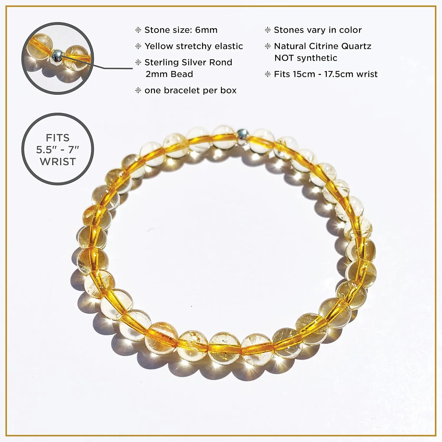 Natural Citrine Quartz Bracelet, Stretchy Round Yellow Gemstone, Handmade Premium Jewelry for Women Man Girls, Chakra Energy Bracelets, Birthday Gifts, 6.5"- 7.5" inch, 6mm
