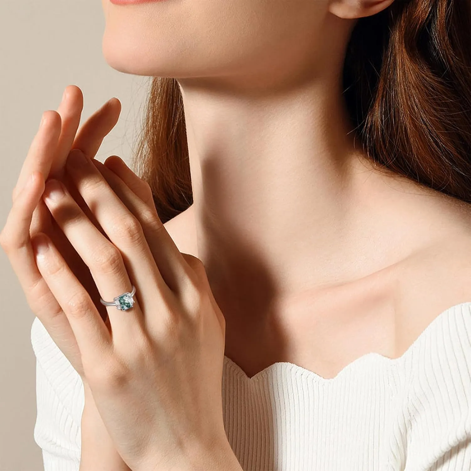 Natural Moss Agate Gemstone Rings 925 Sterling Silver Engagement Rings for Women Oval Cut Moss Agate Wedding Rings Promise Ring Size 5-9