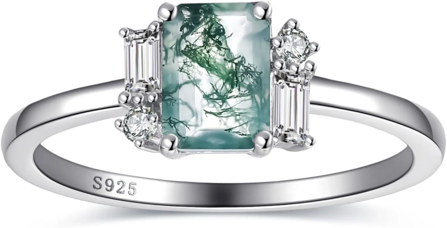Natural Moss Agate Gemstone Rings 925 Sterling Silver Engagement Rings for Women Oval Cut Moss Agate Wedding Rings Promise Ring Size 5-9
