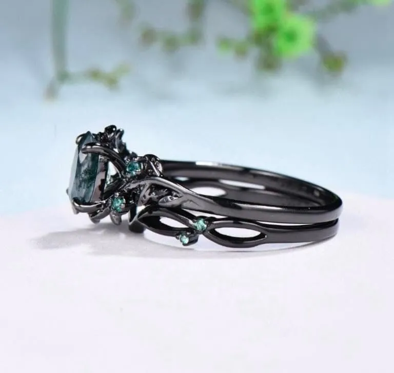 Nature Inspired Leaf rutilated wedding ring set unique twig oval cut emerald engagement ring Art deco black gold Branch anniversary ring set