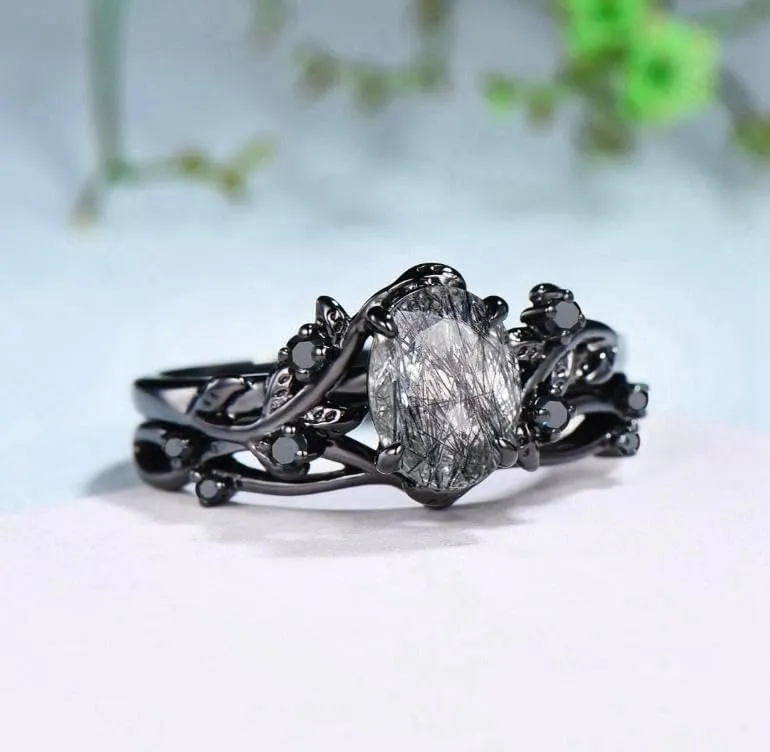 Nature Inspired Leaf rutilated wedding ring set unique twig oval cut emerald engagement ring Art deco black gold Branch anniversary ring set