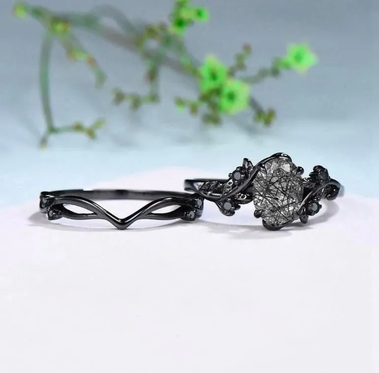 Nature Inspired Leaf rutilated wedding ring set unique twig oval cut emerald engagement ring Art deco black gold Branch anniversary ring set