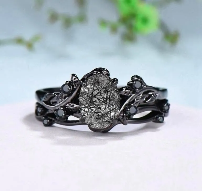 Nature Inspired Leaf rutilated wedding ring set unique twig oval cut emerald engagement ring Art deco black gold Branch anniversary ring set