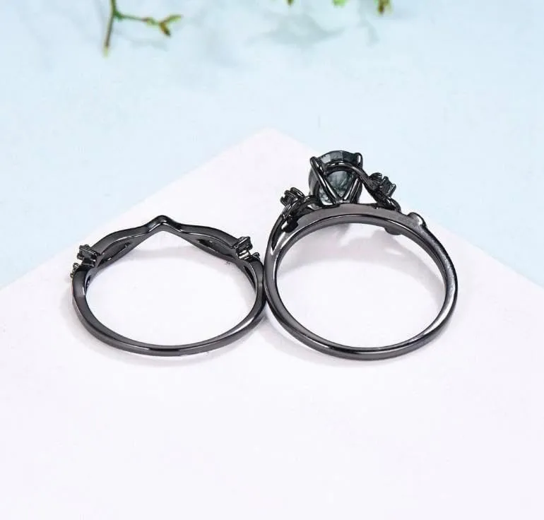 Nature Inspired Leaf rutilated wedding ring set unique twig oval cut emerald engagement ring Art deco black gold Branch anniversary ring set