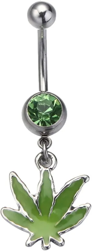 Navel Rings for Women, Navel Rings Dangling Cubic Zirconia Silver Green Surgical Steel Leaves Green 4G for Women Mother Body Piercing Jewelry