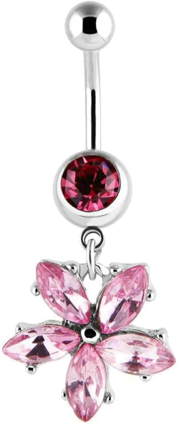 Navel Rings Stainless Steel, Crystal Long Navel Rings for Women Flower Pendant Pink Navel Piercing