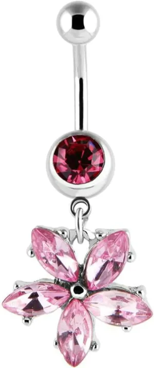 Navel Rings Stainless Steel, Crystal Long Navel Rings for Women Flower Pendant Pink Navel Piercing