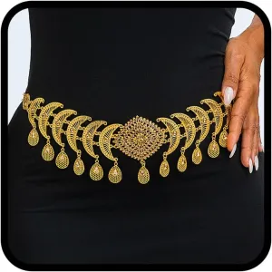 Navoky Boho Gold Chain Belt Rhinestone Moon Flower Tassel Waist Chain Metal Crystal Link Body Jewelry for Women Dress