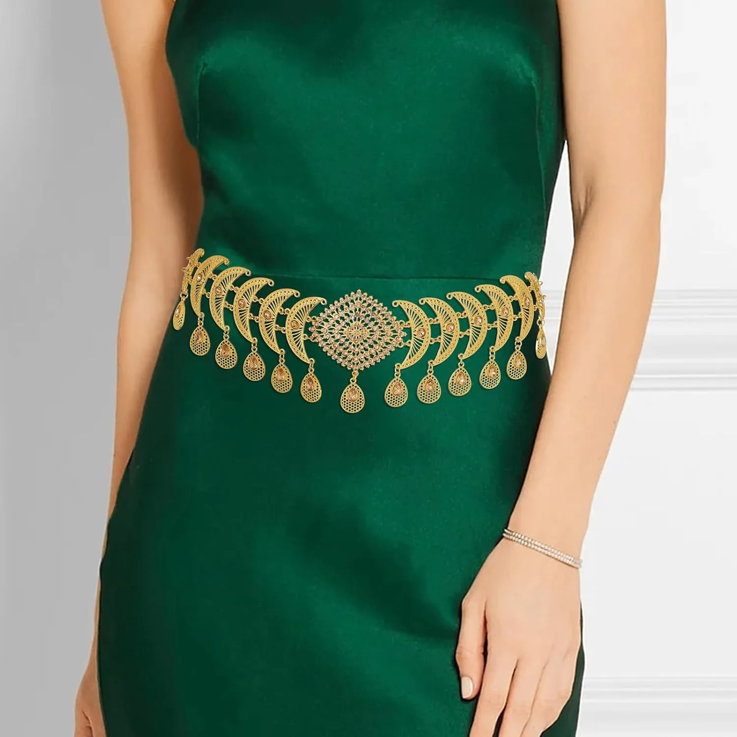 Navoky Boho Gold Chain Belt Rhinestone Moon Flower Tassel Waist Chain Metal Crystal Link Body Jewelry for Women Dress