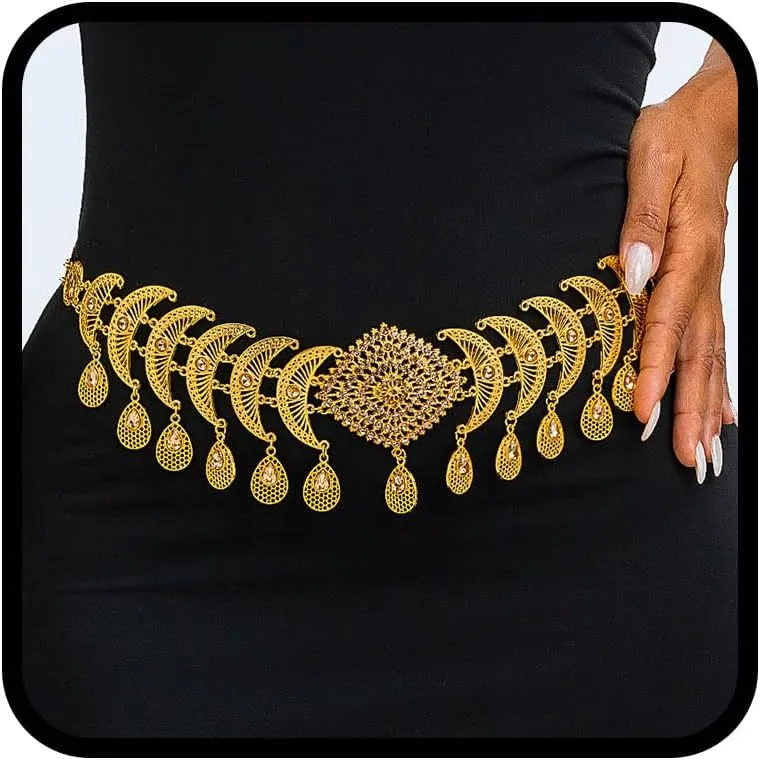 Navoky Boho Gold Chain Belt Rhinestone Moon Flower Tassel Waist Chain Metal Crystal Link Body Jewelry for Women Dress