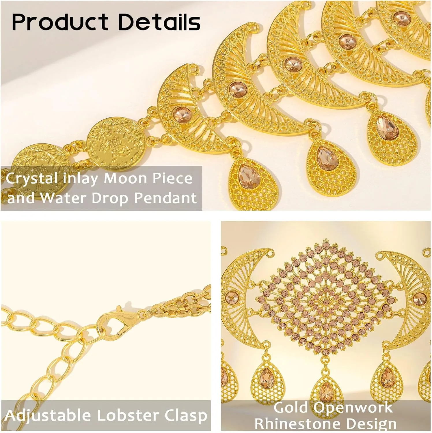 Navoky Boho Gold Chain Belt Rhinestone Moon Flower Tassel Waist Chain Metal Crystal Link Body Jewelry for Women Dress