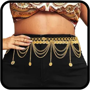 Navoky Tassel Detail Chains Belt Layered Gold Coin Pendant Waist Chain Dress Jewelry Accessories for Women
