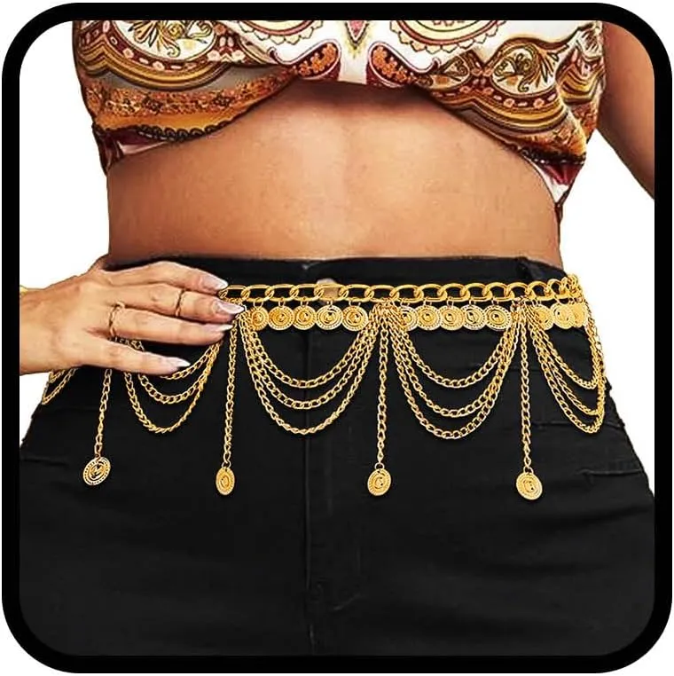 Navoky Tassel Detail Chains Belt Layered Gold Coin Pendant Waist Chain Dress Jewelry Accessories for Women