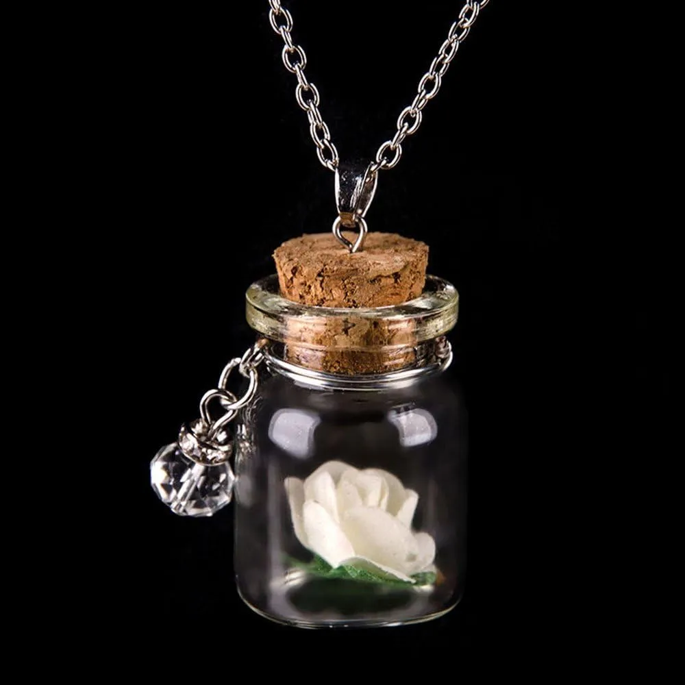 Necklaces Simple Glow Vial Wishing Dark Necklace Tiny Bottle The Pendant in Chain Flower Glass Other Flower Name Necklace for Women (White, One Size)