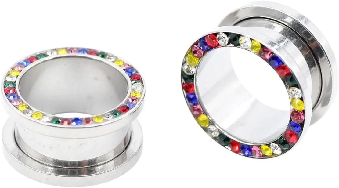New 2025 2Pcs Stainless Crystal Zircon Ear Tunnels Plug Screw Fit Colorful Flesh Gauge Expanders Piercing Jewelry Fashion Trendy Accessories Creative Gift