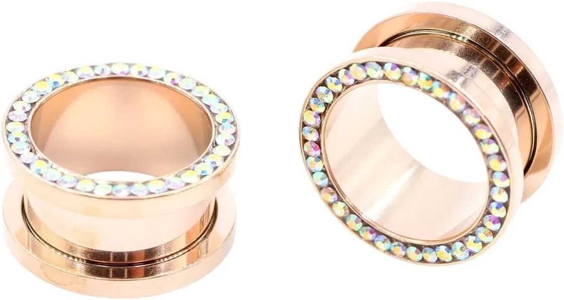 New 2025 Unisex 2Pcs Stainless Steel Crystal Zircon Ear Tunnels Plug Screw Fit Colorful Flesh Gauge Expanders Piercing Jewelry Findings Fashion Trendy Accessories Creative Gift For Women And Men