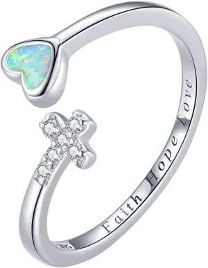 New 2026 Unisex Love Cross Opal Heart Faith Hope Open Adjustable Finger Rings For Women 925 Sterling Silver Simple Decoration Jewelry Luxury With You Accessories Trendy For Women And Men