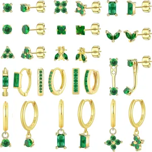 NEWITIN 15 Pairs Small Gold Stud Errings for Women Hypoallergenic Earring 14K Gold Plated Stainless Steel Inlaid Green Cubic Zirconia Earring Cartilage Stud Hoop Earrings Set