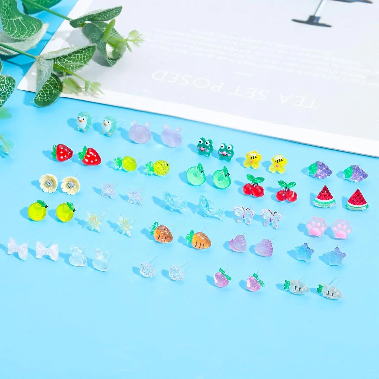 NEWITIN 30 Pairs Colorful Cute Earrings for Girls Sensitive Ears Hypoallergenic Girl Stud Earrings Set Stainless Steel Cartoon Stud for Girls and Women