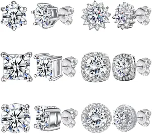 NEWITIN 6 Pairs Cubic Zirconia Stud Earrings for Women Hypoallergenic Earring Sterling Silver Post 18K Gold Plated Simulated Crystal Diamond Earring Halo Stud Earrings for Women Men