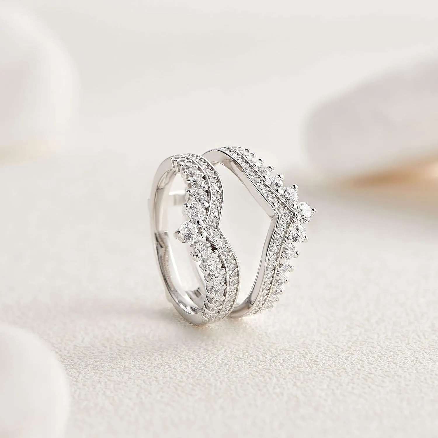 Newshe Jewellery AAAAA Cubic Zirconia Wedding Bands for Women Crown Double Ring Enhancer for Engagement Rings 925 Sterling Silver Size 5-10