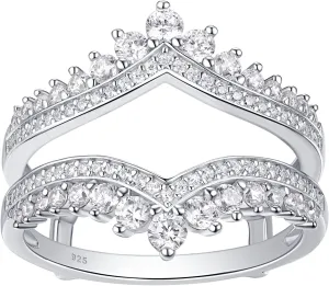 Newshe Jewellery AAAAA Cubic Zirconia Wedding Bands for Women Crown Double Ring Enhancer for Engagement Rings 925 Sterling Silver Size 5-10