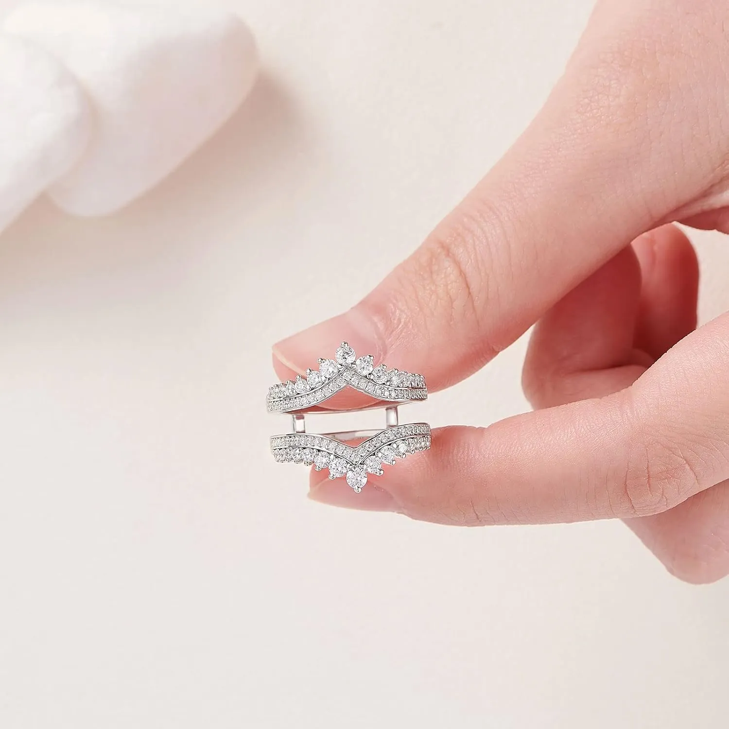 Newshe Jewellery AAAAA Cubic Zirconia Wedding Bands for Women Crown Double Ring Enhancer for Engagement Rings 925 Sterling Silver Size 5-10