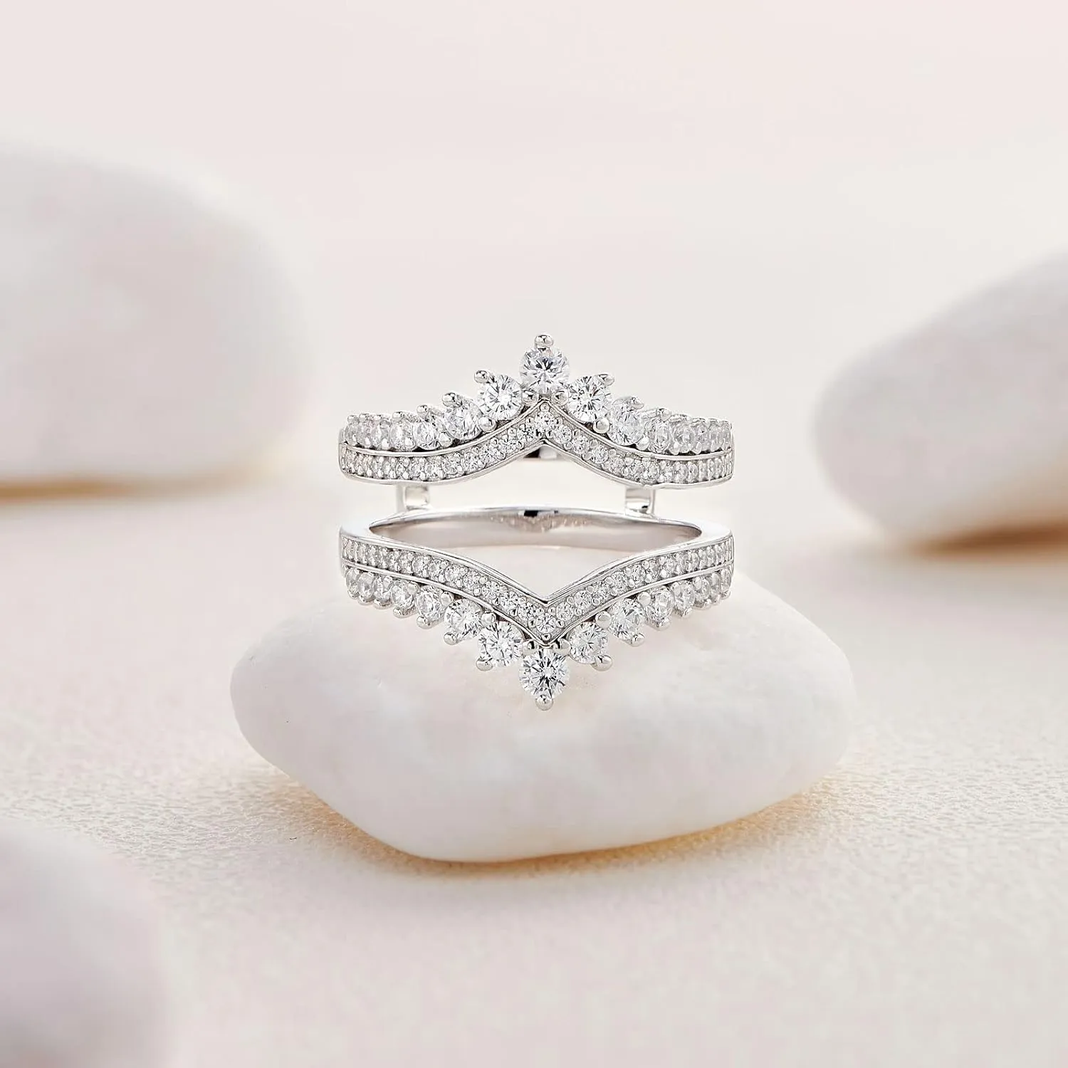 Newshe Jewellery AAAAA Cubic Zirconia Wedding Bands for Women Crown Double Ring Enhancer for Engagement Rings 925 Sterling Silver Size 5-10