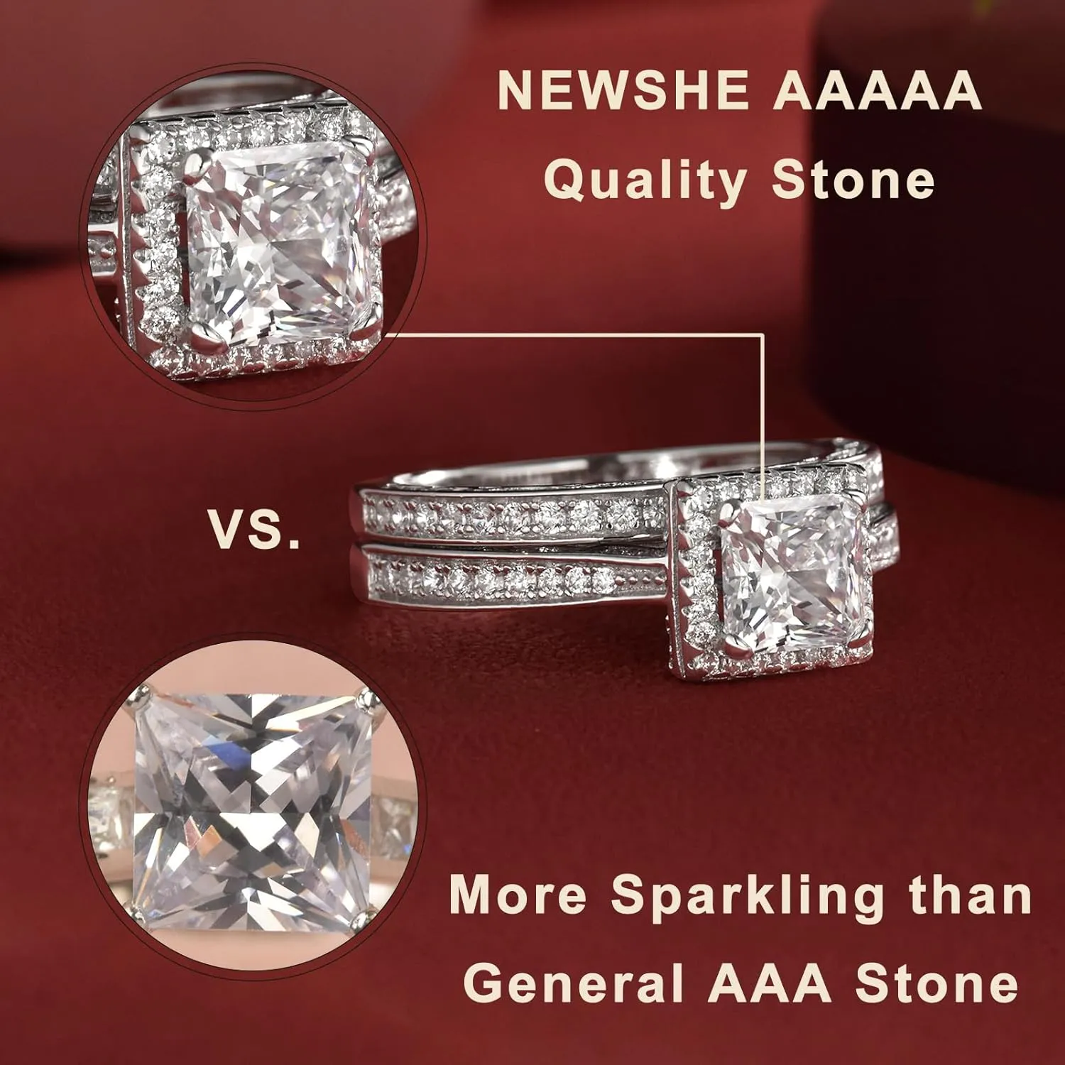 Newshe Jewellery Engagement Wedding Ring Set for Women 925 Sterling Silver 1.5CT Princess White AAAAA Cz Size 3-13