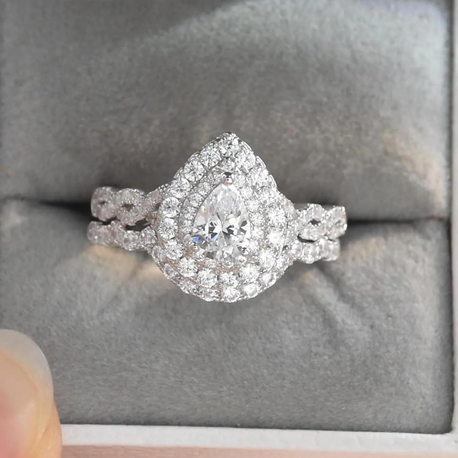 Newshe Jewellery Wedding Engagement Ring for Women Bridal Set AAAAA Cz 925 Sterling Silver 1.3Ct Pear White Size 4-13