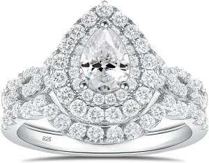 Newshe Jewellery Wedding Engagement Ring for Women Bridal Set AAAAA Cz 925 Sterling Silver 1.3Ct Pear White Size 4-13