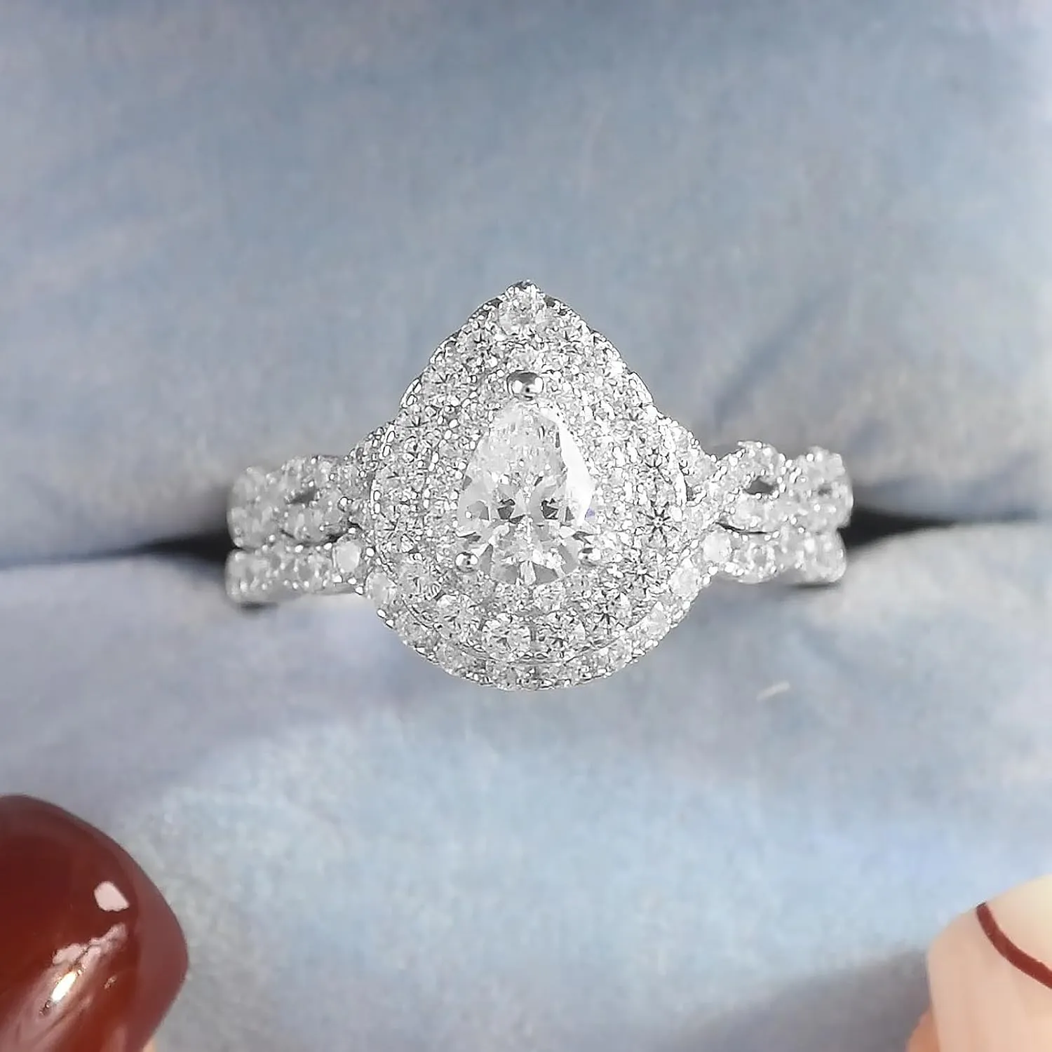 Newshe Jewellery Wedding Engagement Ring for Women Bridal Set AAAAA Cz 925 Sterling Silver 1.3Ct Pear White Size 4-13