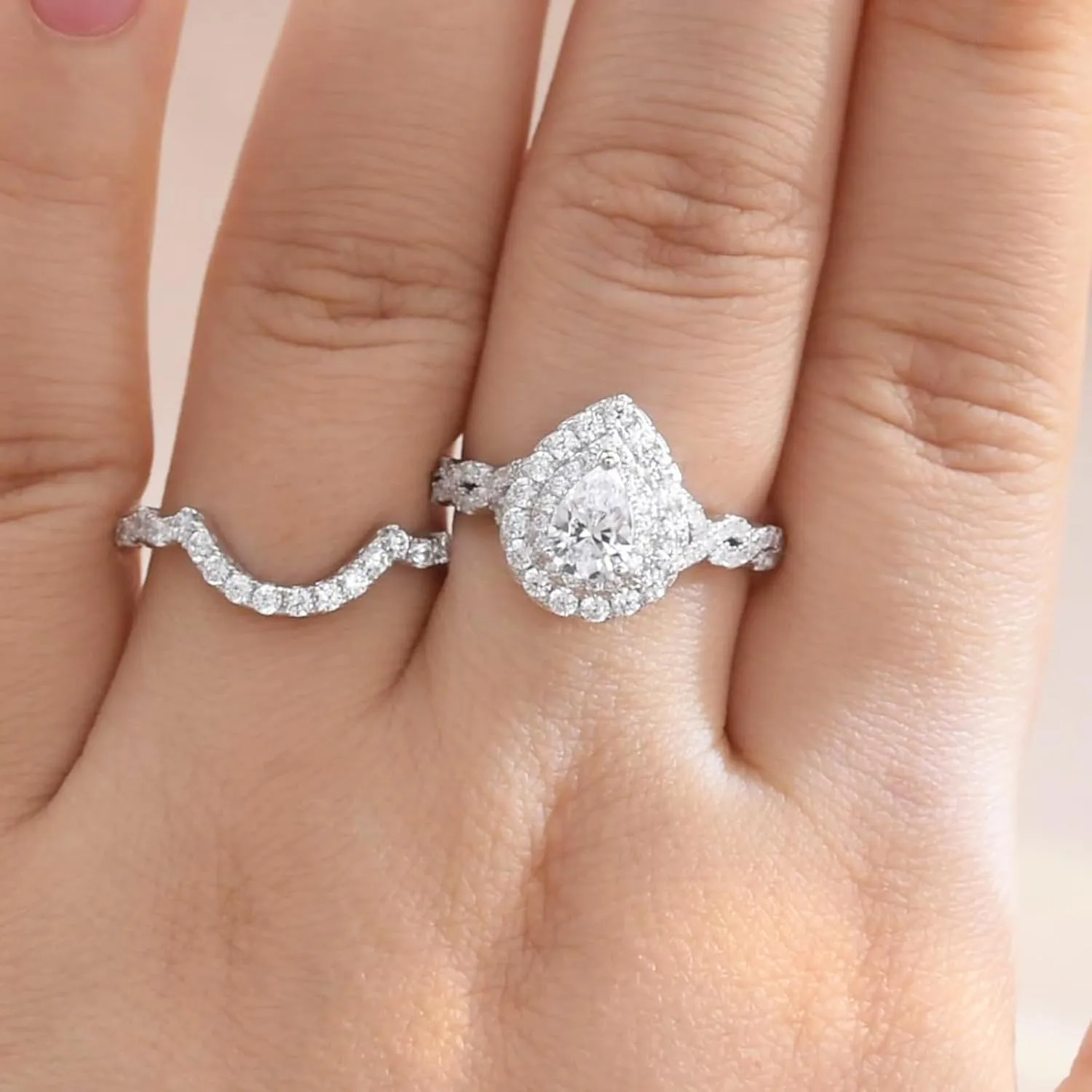 Newshe Jewellery Wedding Engagement Ring for Women Bridal Set AAAAA Cz 925 Sterling Silver 1.3Ct Pear White Size 4-13