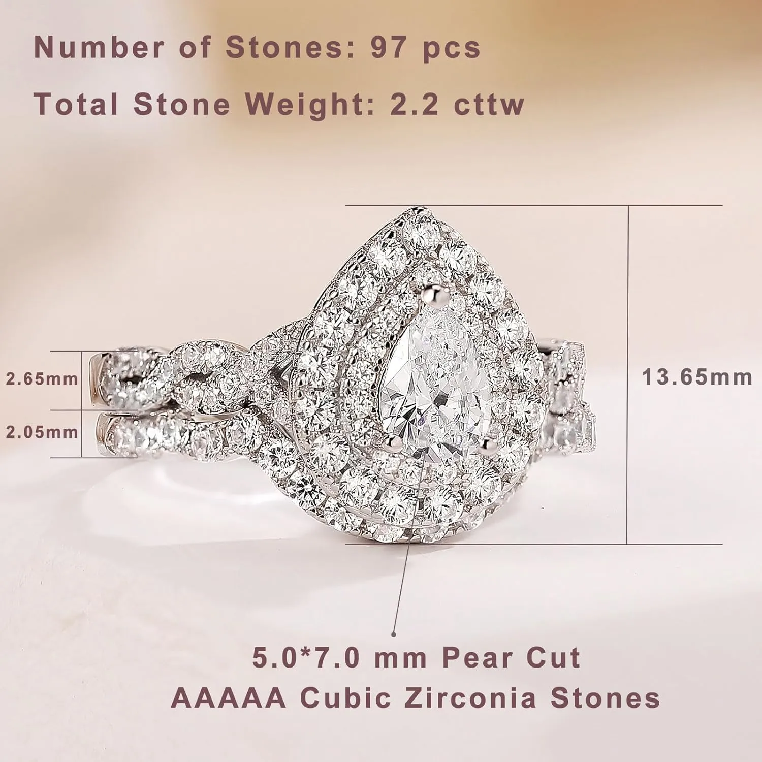 Newshe Jewellery Wedding Engagement Ring for Women Bridal Set AAAAA Cz 925 Sterling Silver 1.3Ct Pear White Size 4-13