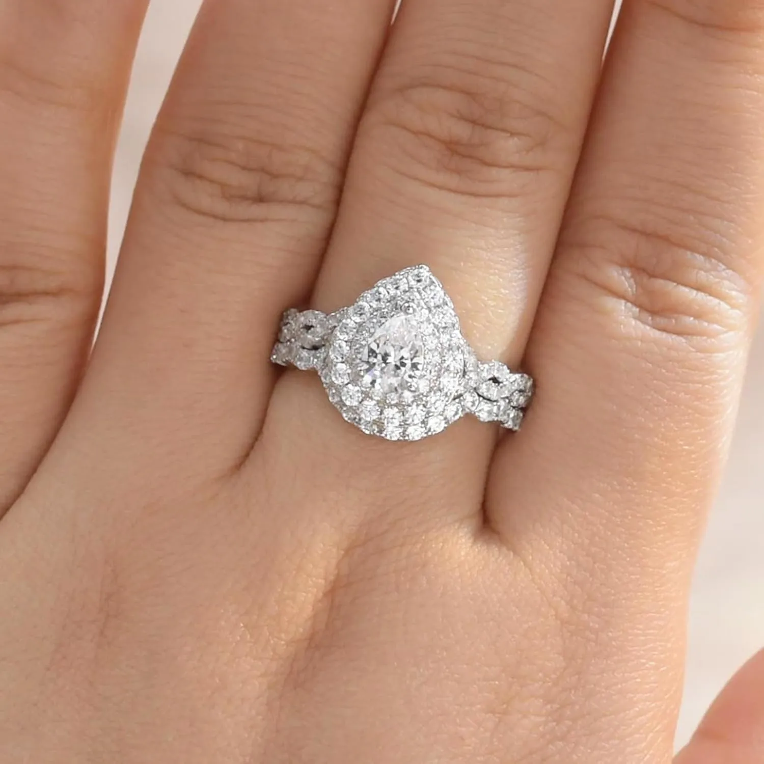 Newshe Jewellery Wedding Engagement Ring for Women Bridal Set AAAAA Cz 925 Sterling Silver 1.3Ct Pear White Size 4-13