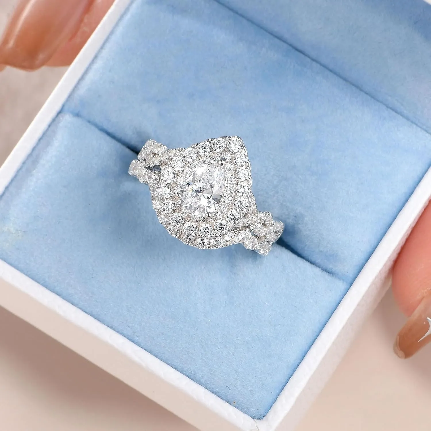Newshe Jewellery Wedding Engagement Ring for Women Bridal Set AAAAA Cz 925 Sterling Silver 1.3Ct Pear White Size 4-13