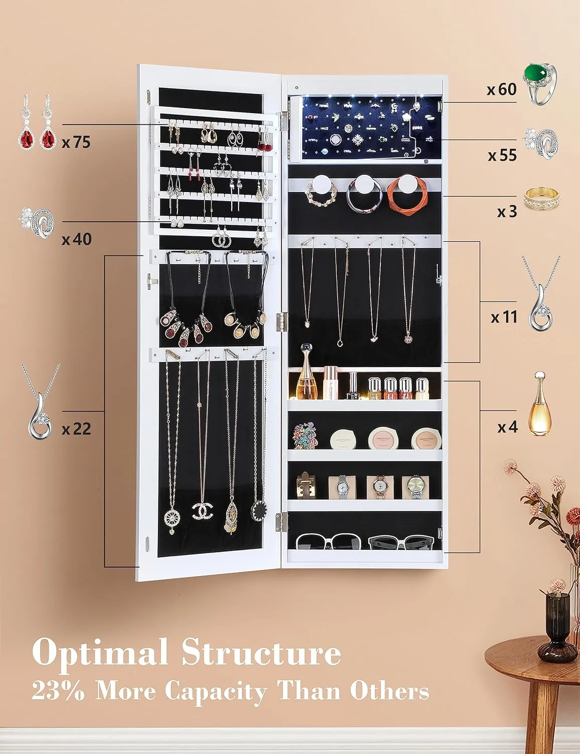 Nicetree 6 LEDs Mirror Jewelry Cabinet, Large Capacity Lockable Jewelry Armoire Organizer, Door or Wall Mounted Mirror with Jewelry Storage, Christmas Gifts, White