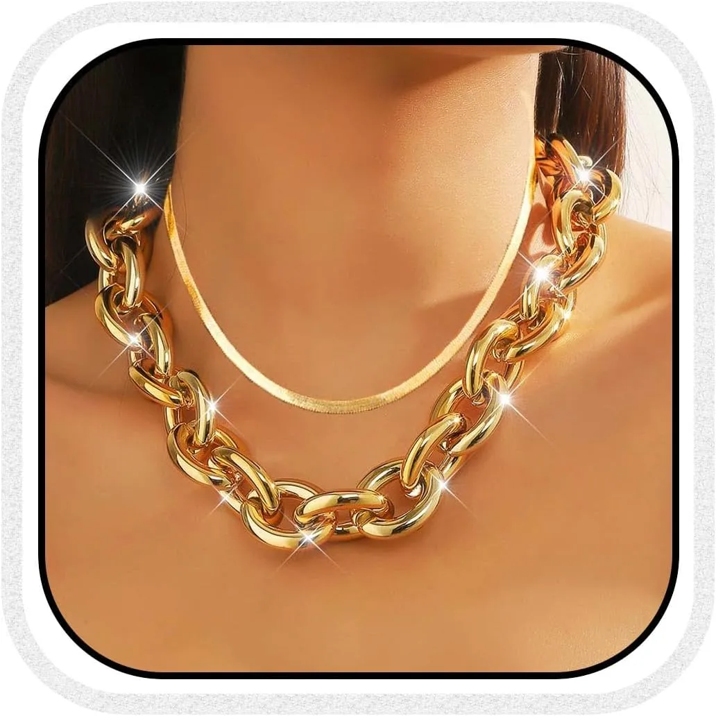 Nicute Fashion Gold Choker Necklace Layered Thick Link Chain Punk Statement Necklace for Women
