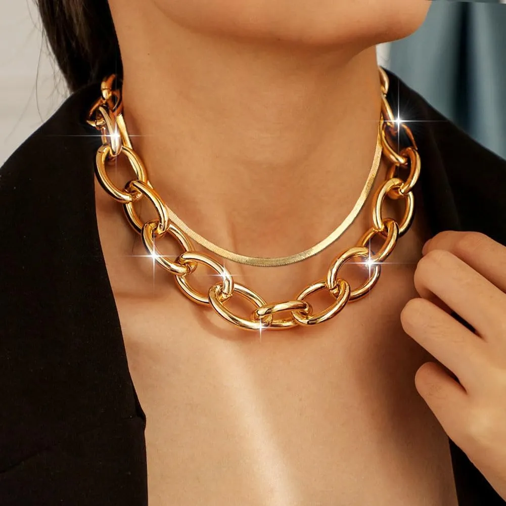 Nicute Fashion Gold Choker Necklace Layered Thick Link Chain Punk Statement Necklace for Women