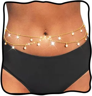 Nicute Gold Waist Chain Jewelry Layered Rhinestone Belly Chain Sprakly Bikini Body Chain for Women