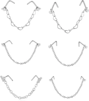 Nose Ring Surgical Steel Nostril Piercing Across Nose to Ear Chain Jewelry Double Nose Ring with Chain Stainless Steel for Women Men Nose Piercing Stud Nostril Jewelry