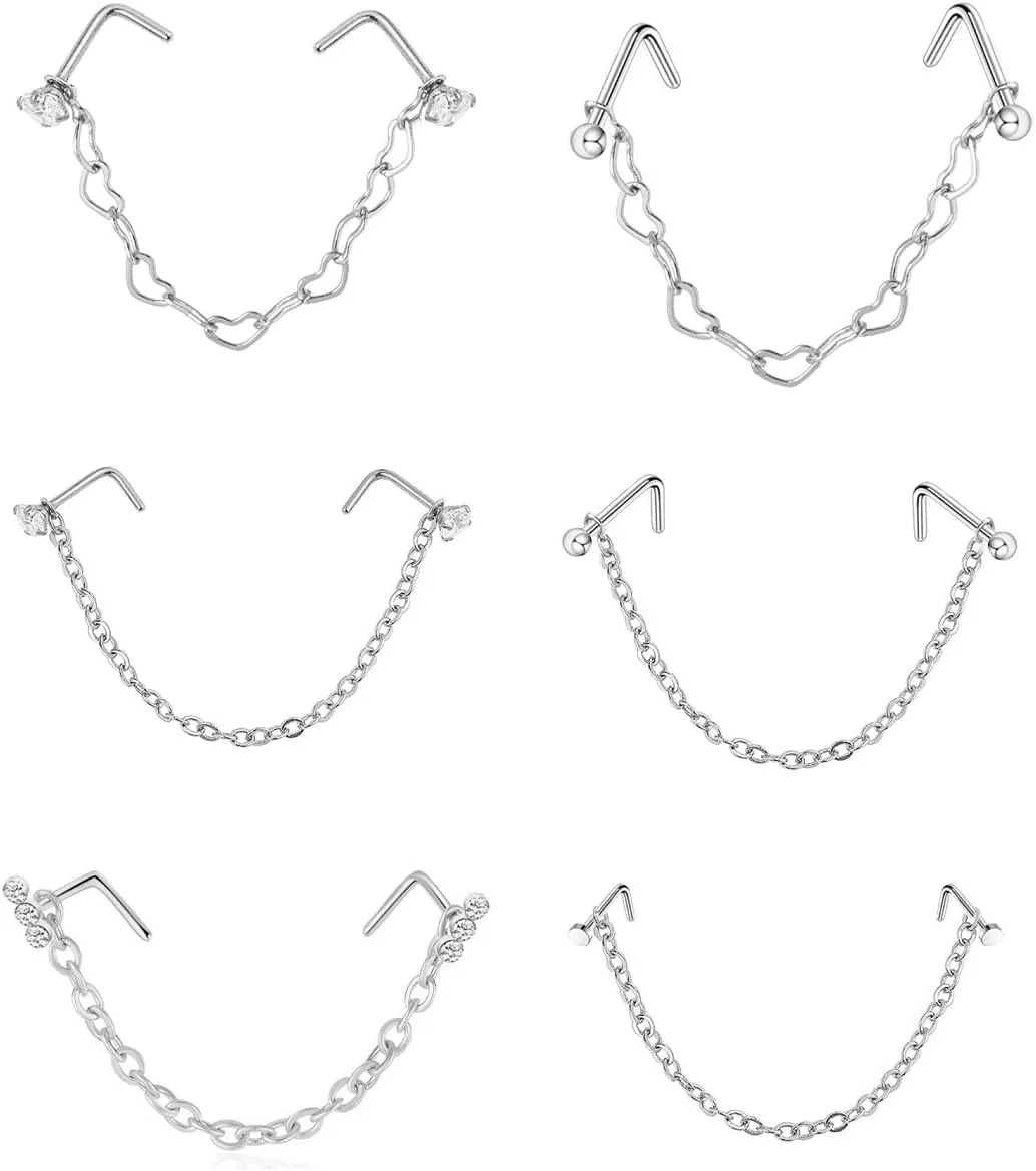Nose Ring Surgical Steel Nostril Piercing Across Nose to Ear Chain Jewelry Double Nose Ring with Chain Stainless Steel for Women Men Nose Piercing Stud Nostril Jewelry